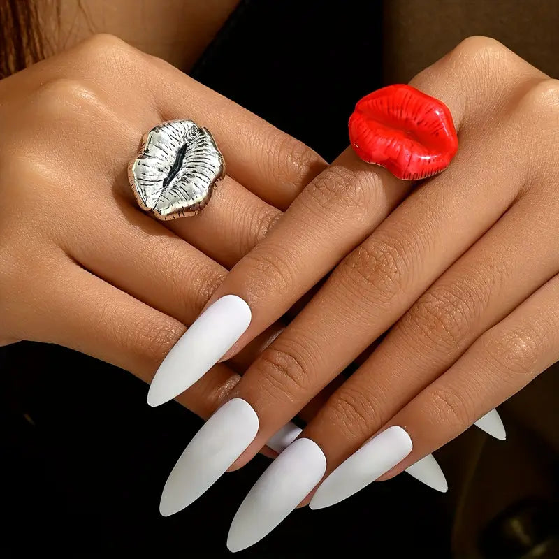2pcs Personality Mouth Red Paint Vintage Ladies Ring for Women