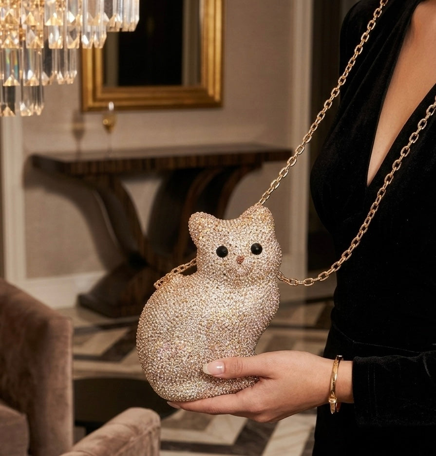 Royal Gilded Cat Crystal Clutch – Artisan Rhinestone Evening Statement Purse