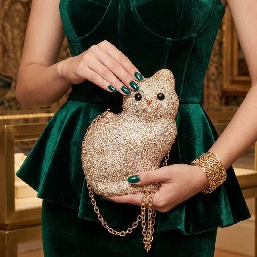 Royal Gilded Cat Crystal Clutch – Artisan Rhinestone Evening Statement Purse