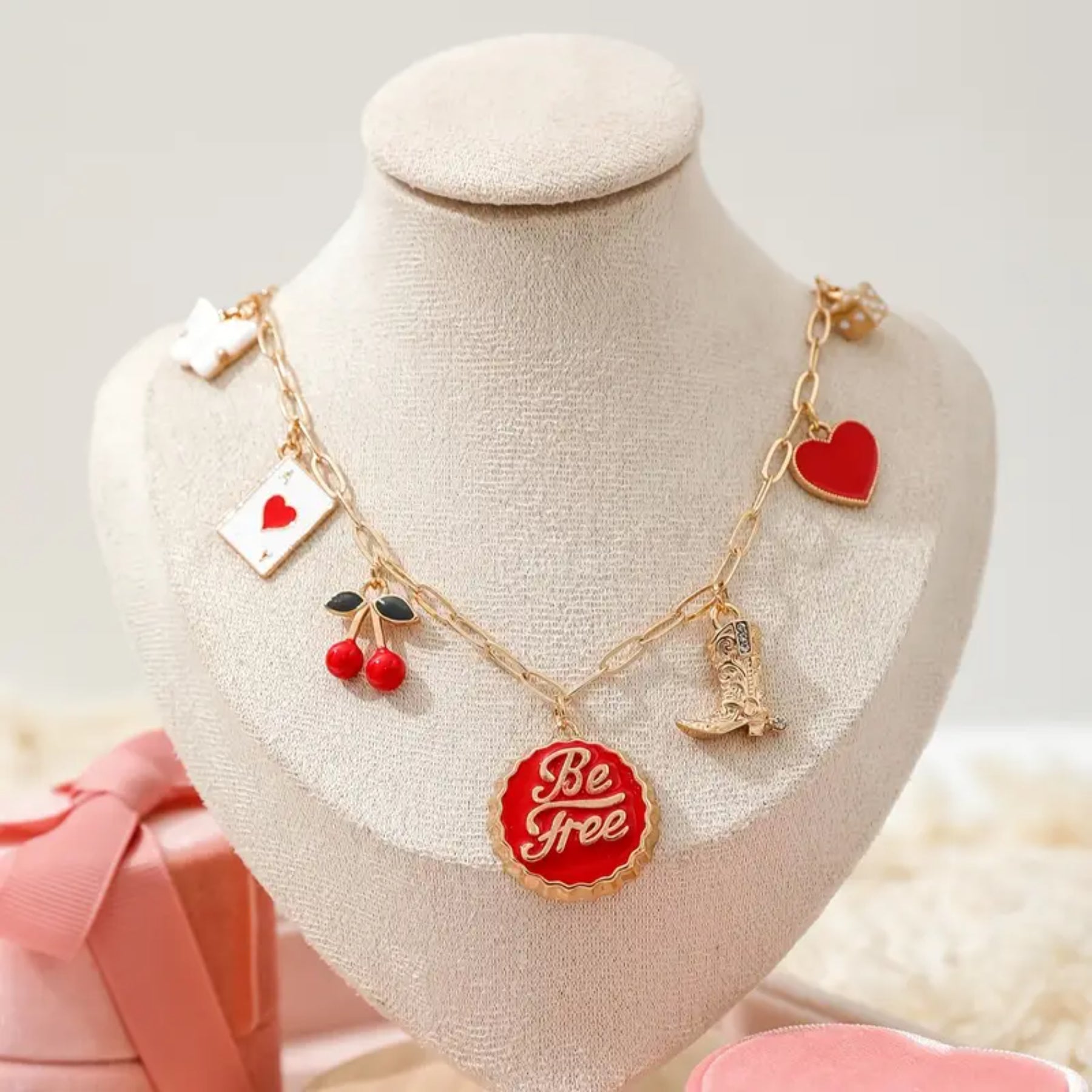 Necklace with Cherry, Heart, Butterfly & Cowboy Boot Charms