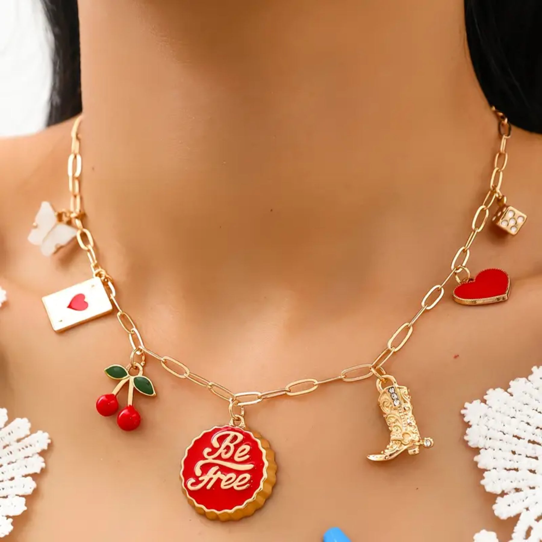 Necklace with Cherry, Heart, Butterfly & Cowboy Boot Charms