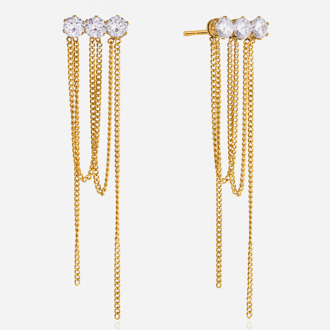 18K Gold Plated Round White Zircon Chain Tassel Earring