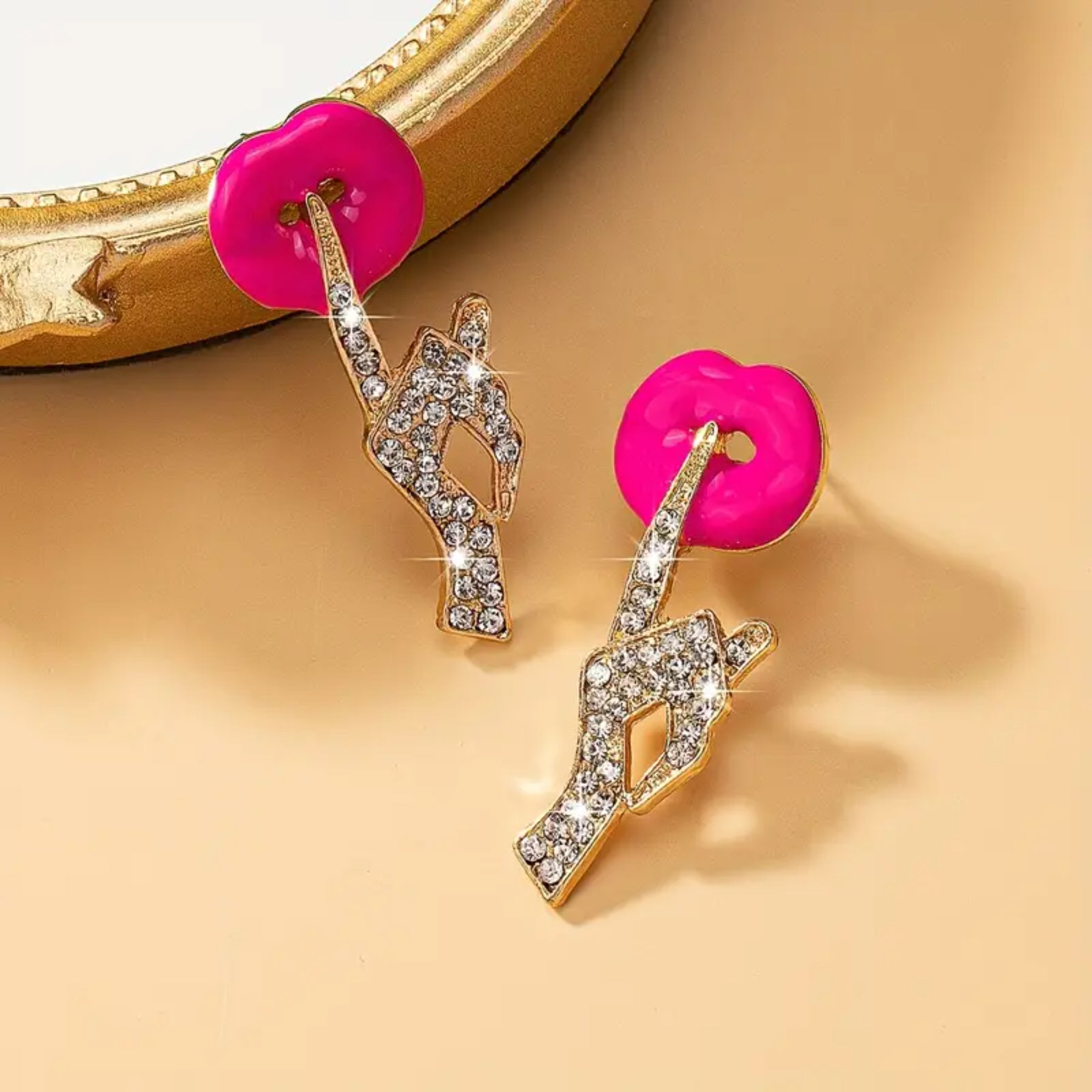 Crystal Lips Design Drop Earrings Pink Enamel with Rhinestone