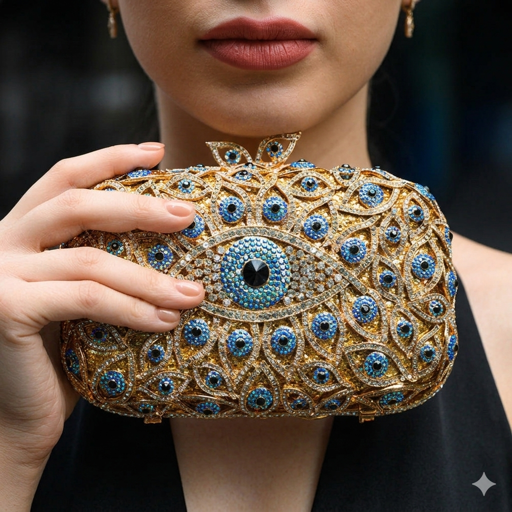 Luxury Evil Eye Crystal Embellished Evening Clutch Bag – Gold & Royal Blue