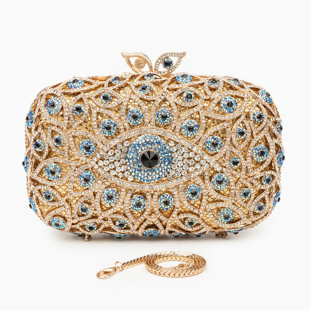 Luxury Evil Eye Crystal Embellished Evening Clutch Bag – Gold & Royal Blue