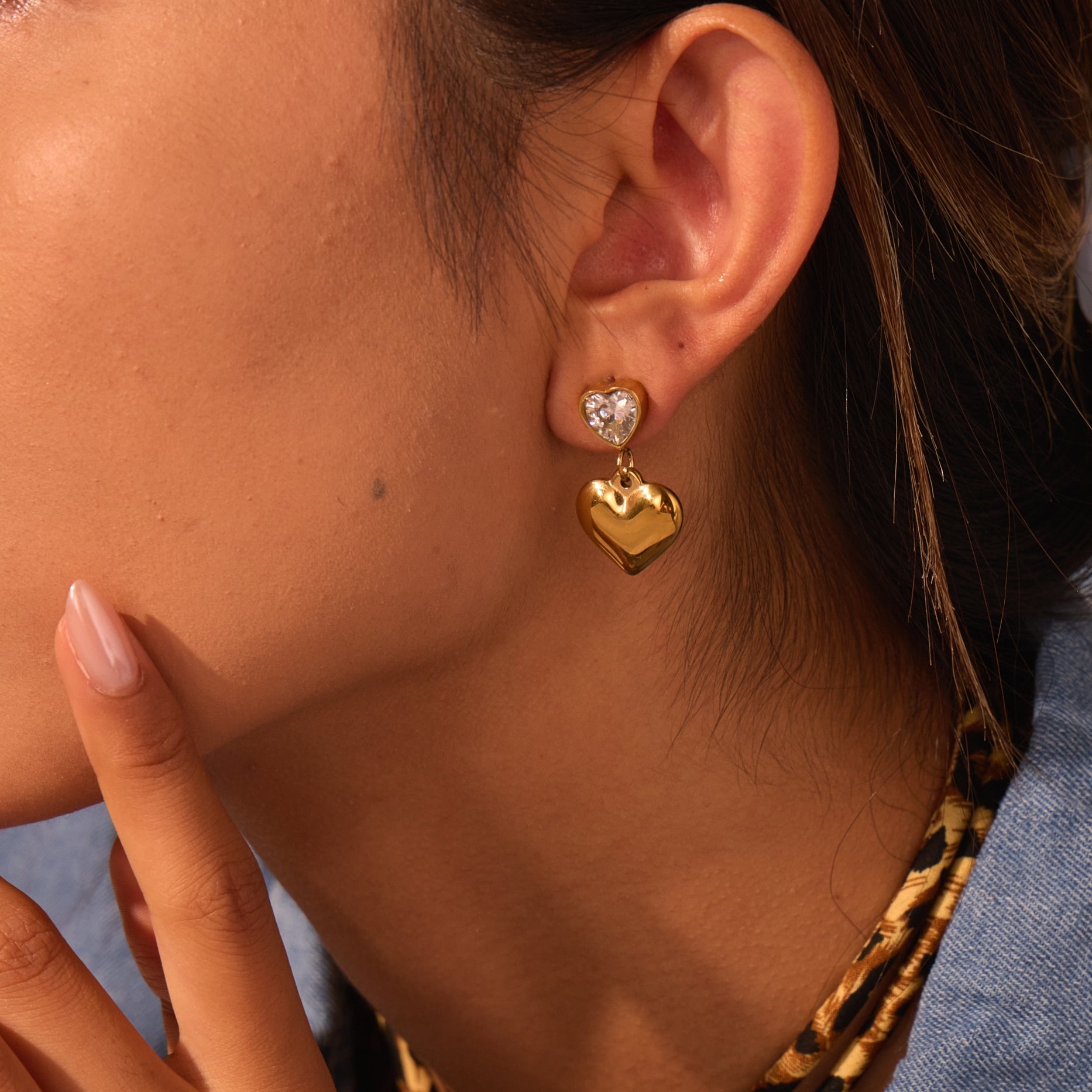 18K Gold Plated Cute Shiny Heart Zircon Pendant Earring