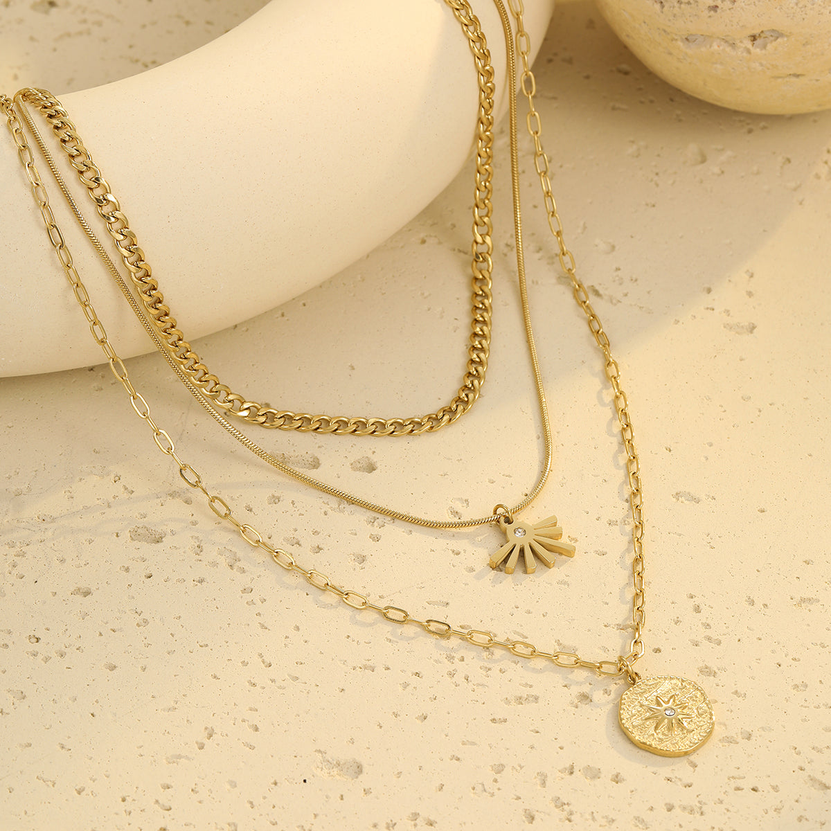 18K Gold Plated Three Layer Statement Sun Pendant Necklace