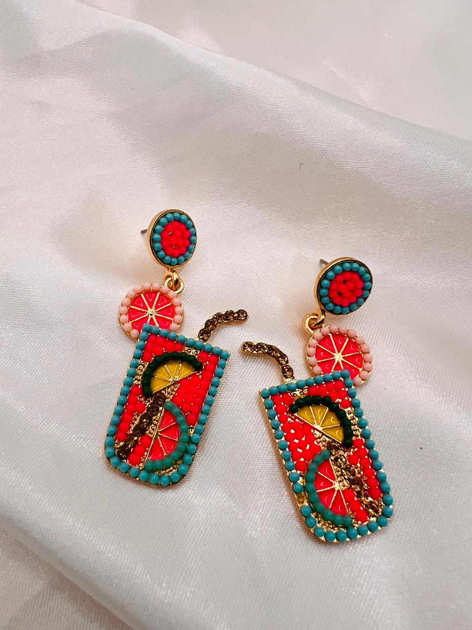 Tropical Drink Cup Design Beaded Earrings