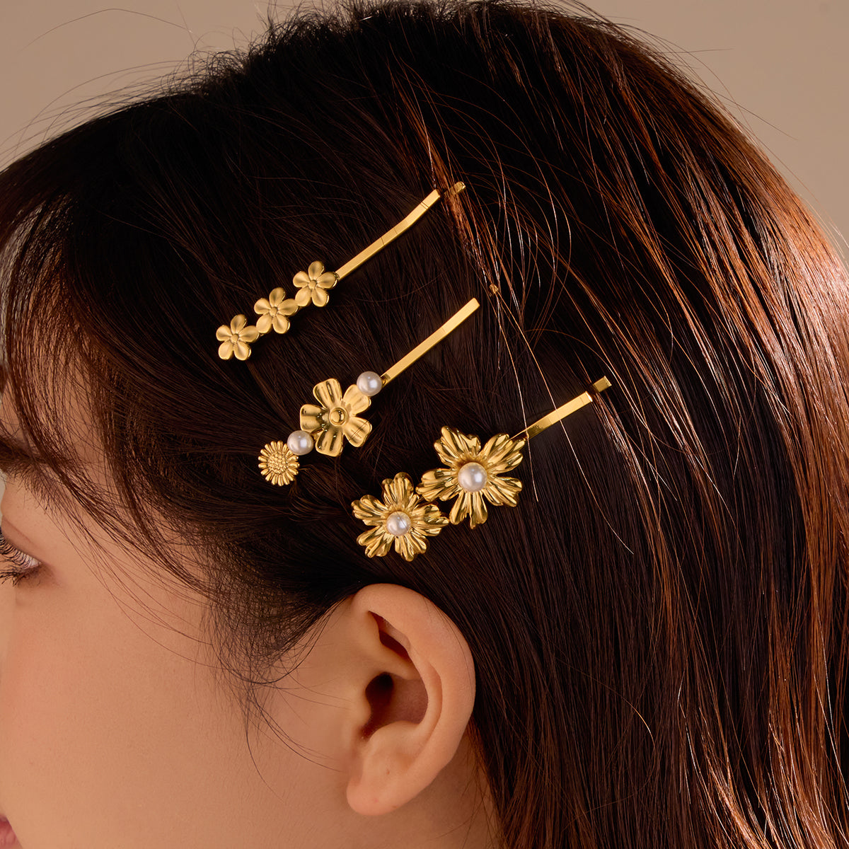 18K Gold Plated Waterproof Vintage Floral Shell Pearl Hair Pins for Women