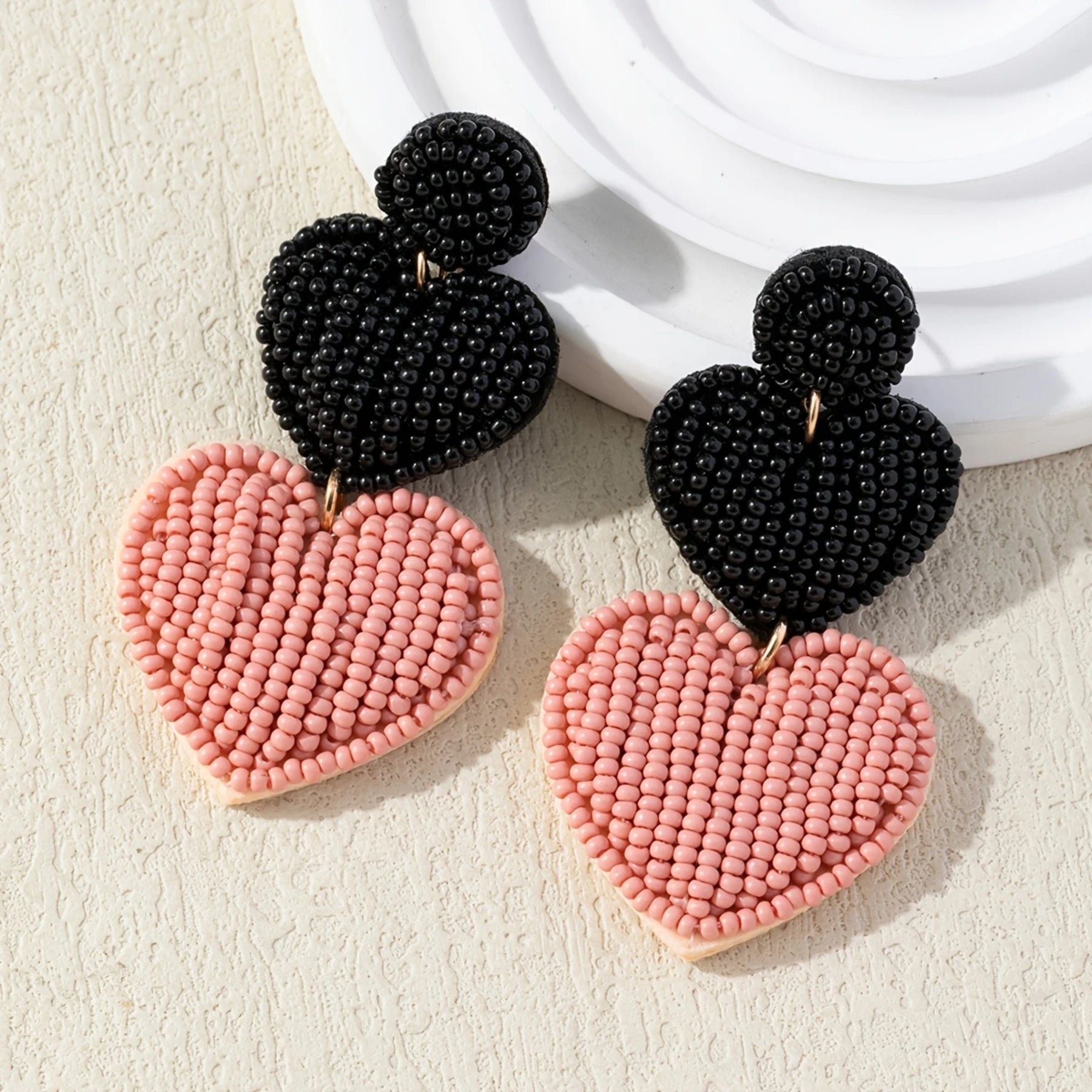 Beaded Heart Drop Statement Earrings-Double Heart Design