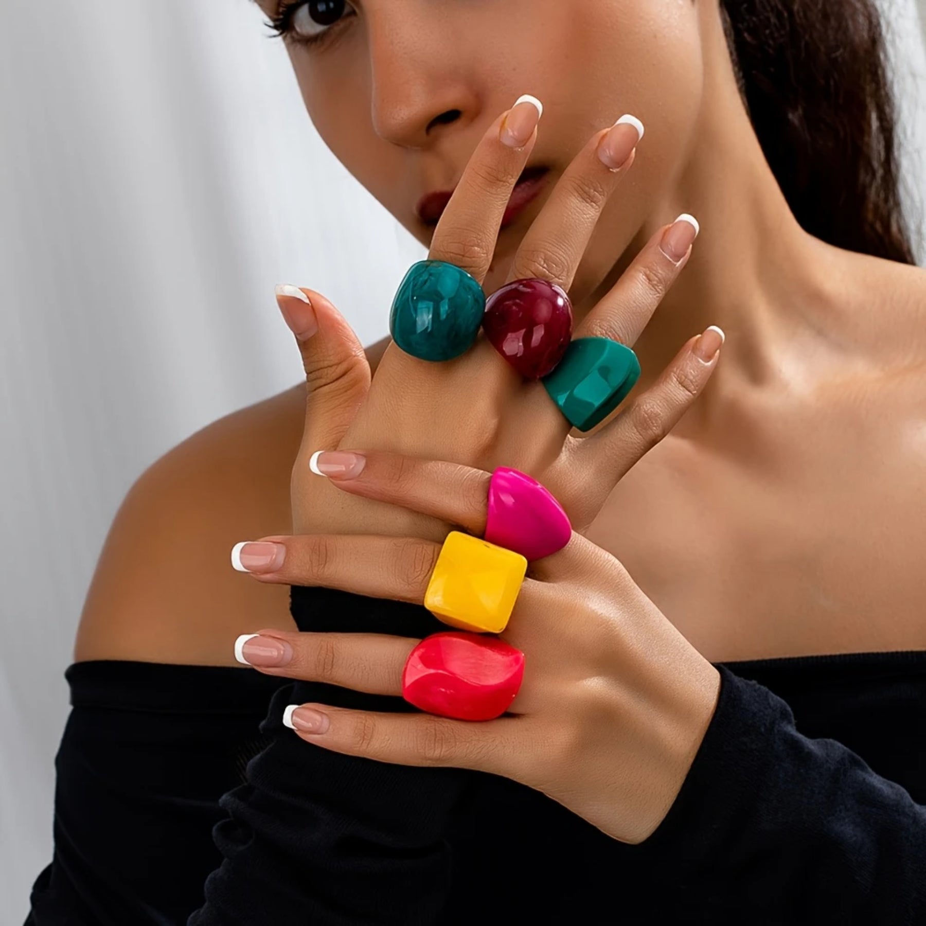 6pcs Elegant Vintage Style Women's Resin Rings Set - Assorted Colors