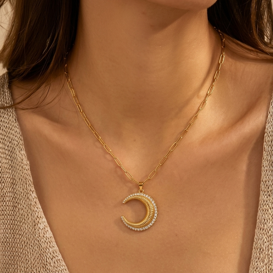 Luna 18K Gold Plated Zircon Moon Pendant Necklace for Women