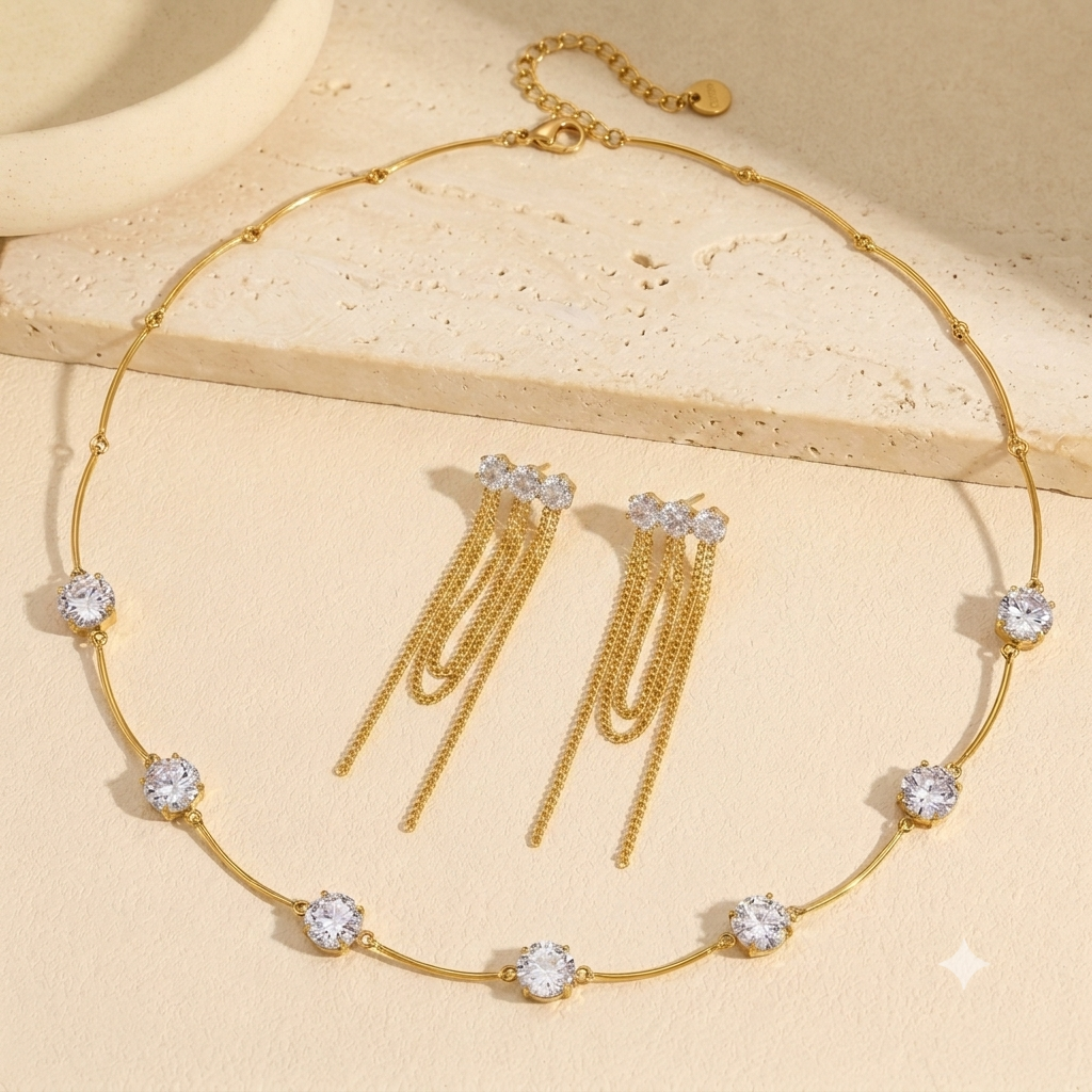18k Gold Plated Zircon Station Choker & Tassel Drop Earrings Set