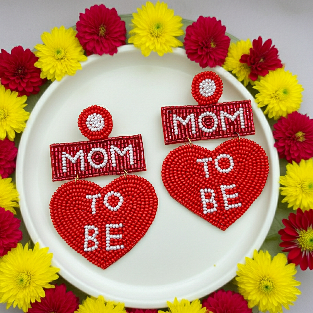 1 Pair Handmade Glass Bead Earrings for "Mom to Be" Heart Design