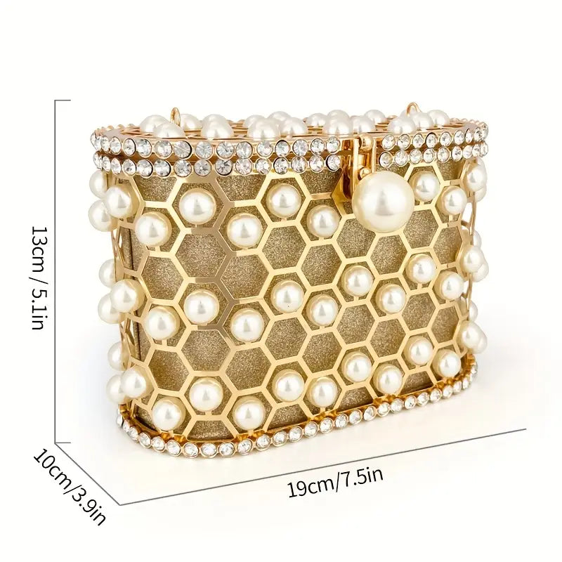 Vintage Bird Cage Design Hollowed-out Metal Pearl Bag
