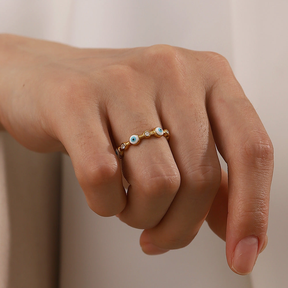 18K Gold Plated Dainty Evil Eye Adjustable Ring –  Enameled Detail & Cubic Zirconia