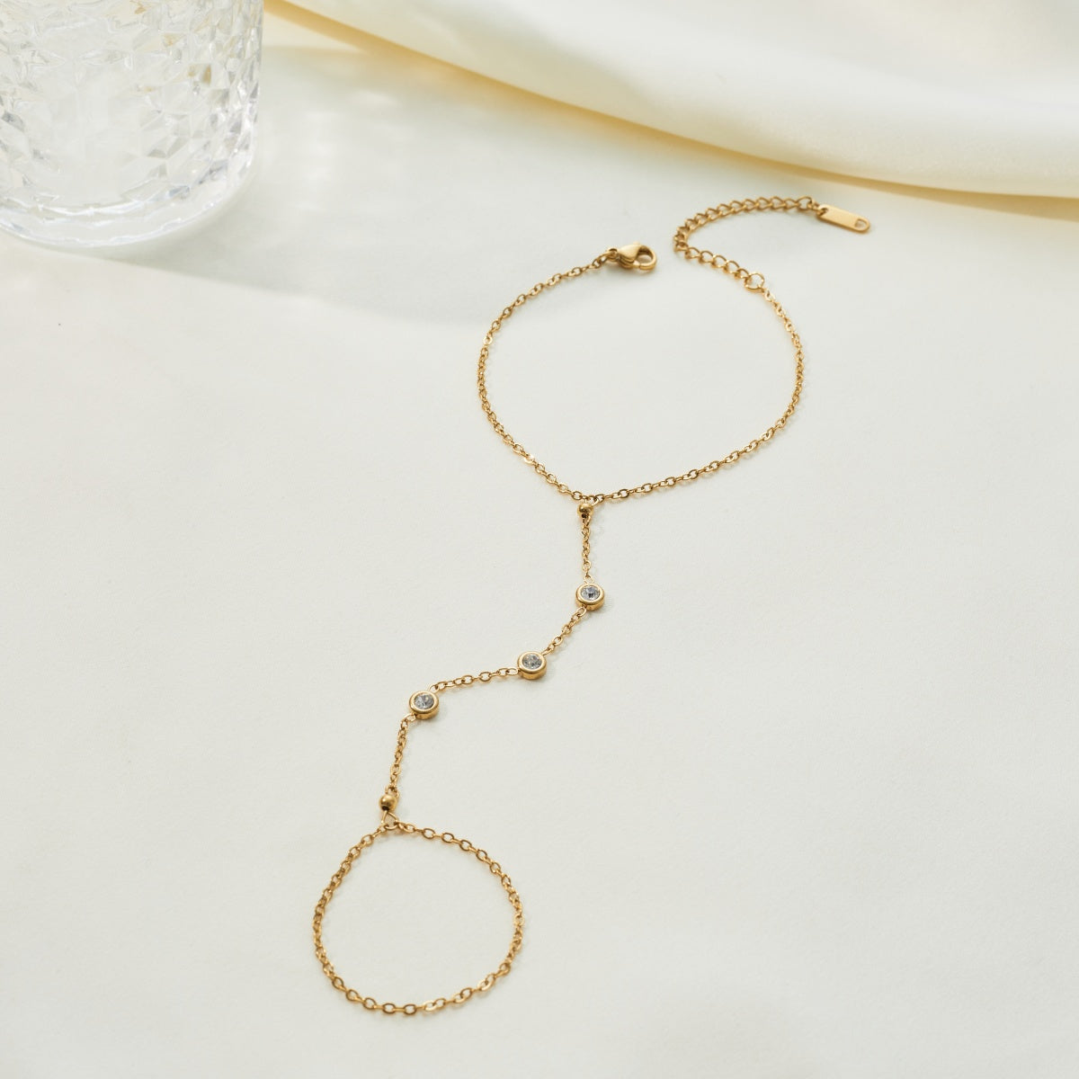 18K Gold Plated Zircon Hand Chain – Elegant Finger Bracelet with Adjustable Ring