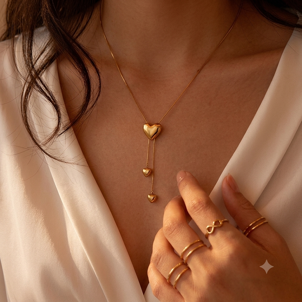18K Gold Plated Y Shaped Heart Drop Necklace - Fashion Jewellery for Women