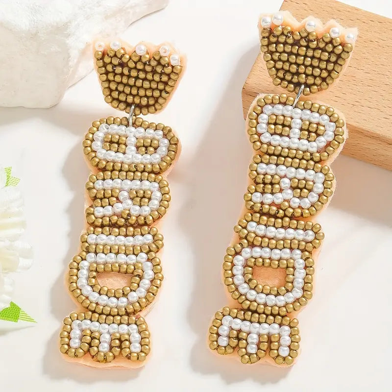 Pair of Elegant Handmade 3D & Bead BRIDE Initial Dangle Earrings