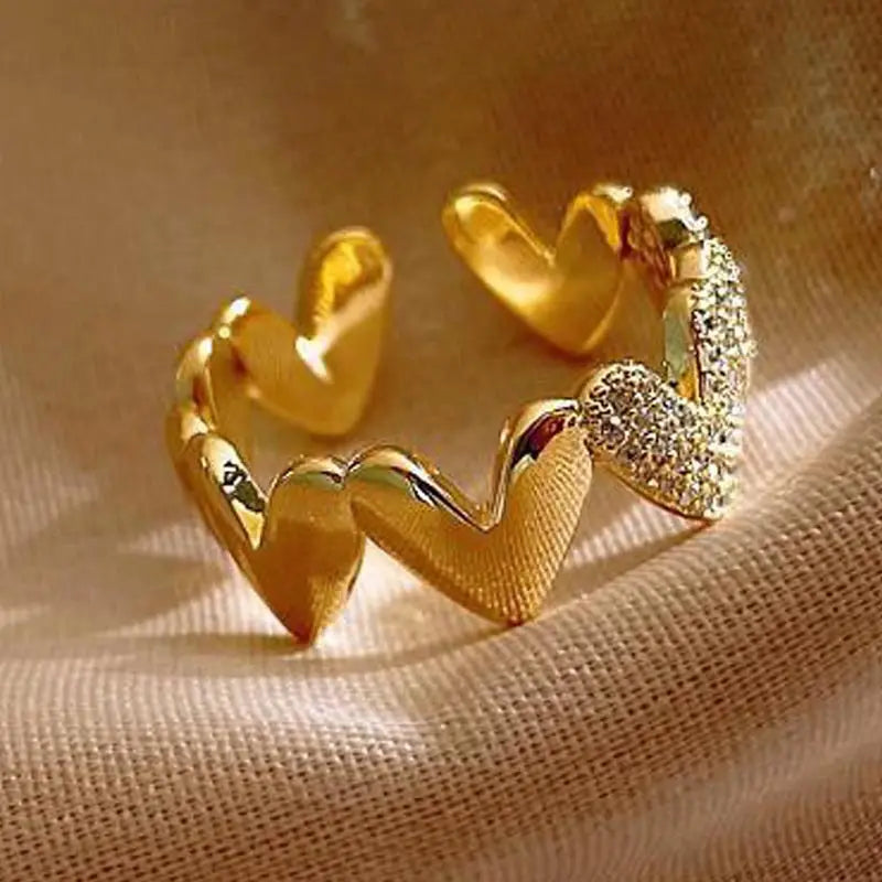 Heart-Shaped Gold Plated Adjustable Ring, Glitter Textured Design