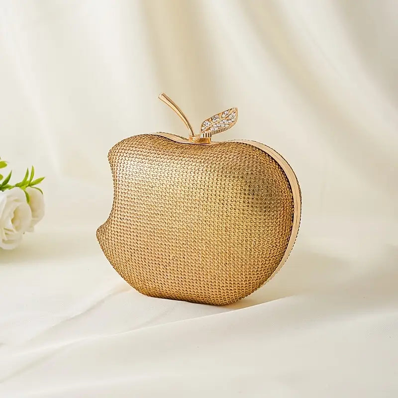 Golden Metal Apple-Shaped Evening Clutch with Rhinestone Embellishments