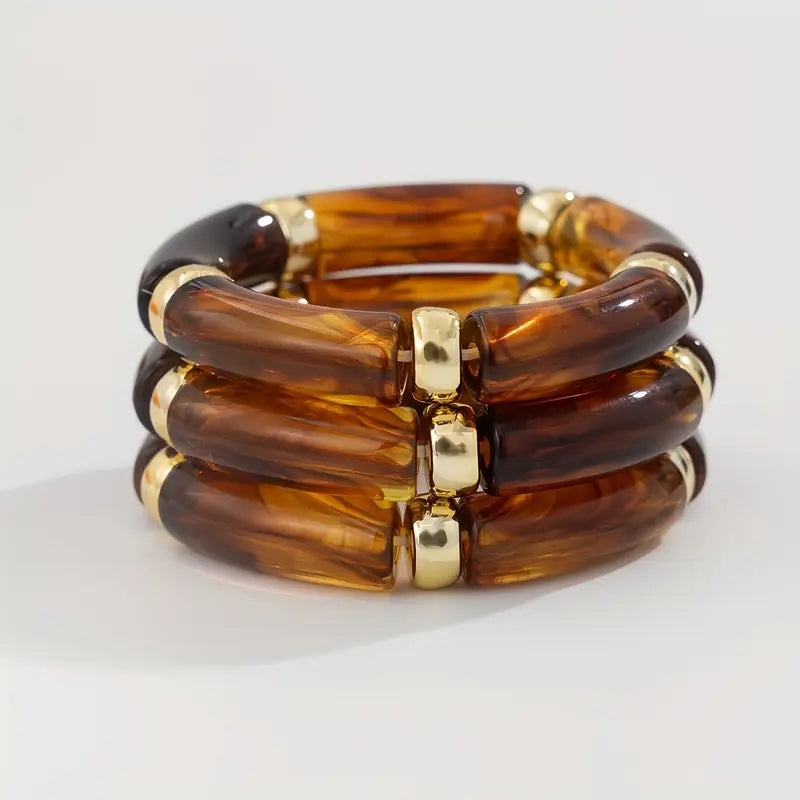 3pcs Boho-Chic Chunky Bamboo Tube Bead Bangles - Stretchable