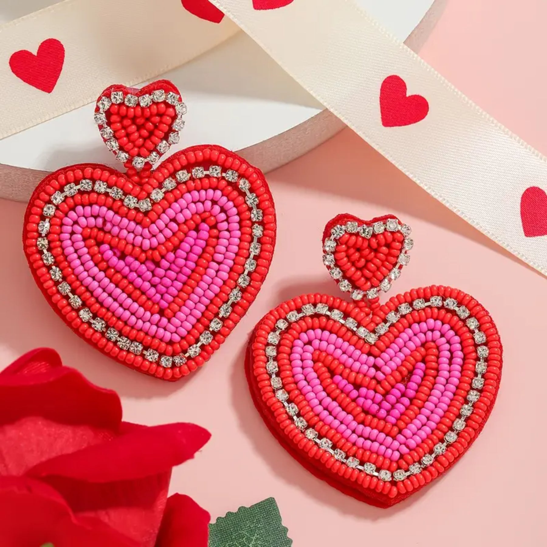 Beaded Heart Statement Earrings Double Heart Drop Style