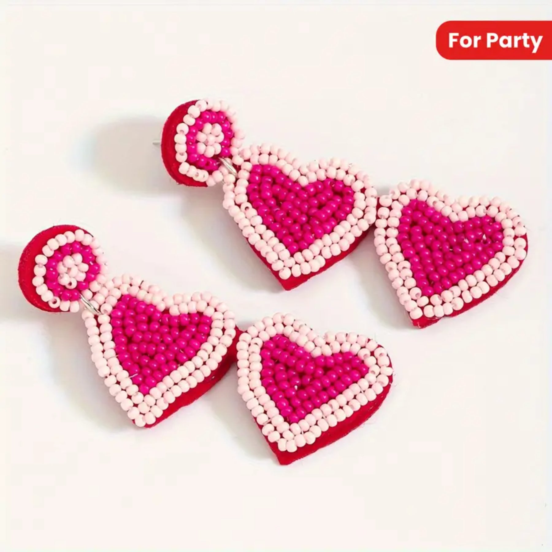 Charming Boho Beaded Heart Drop Earrings- Pink and White Double Heart Design