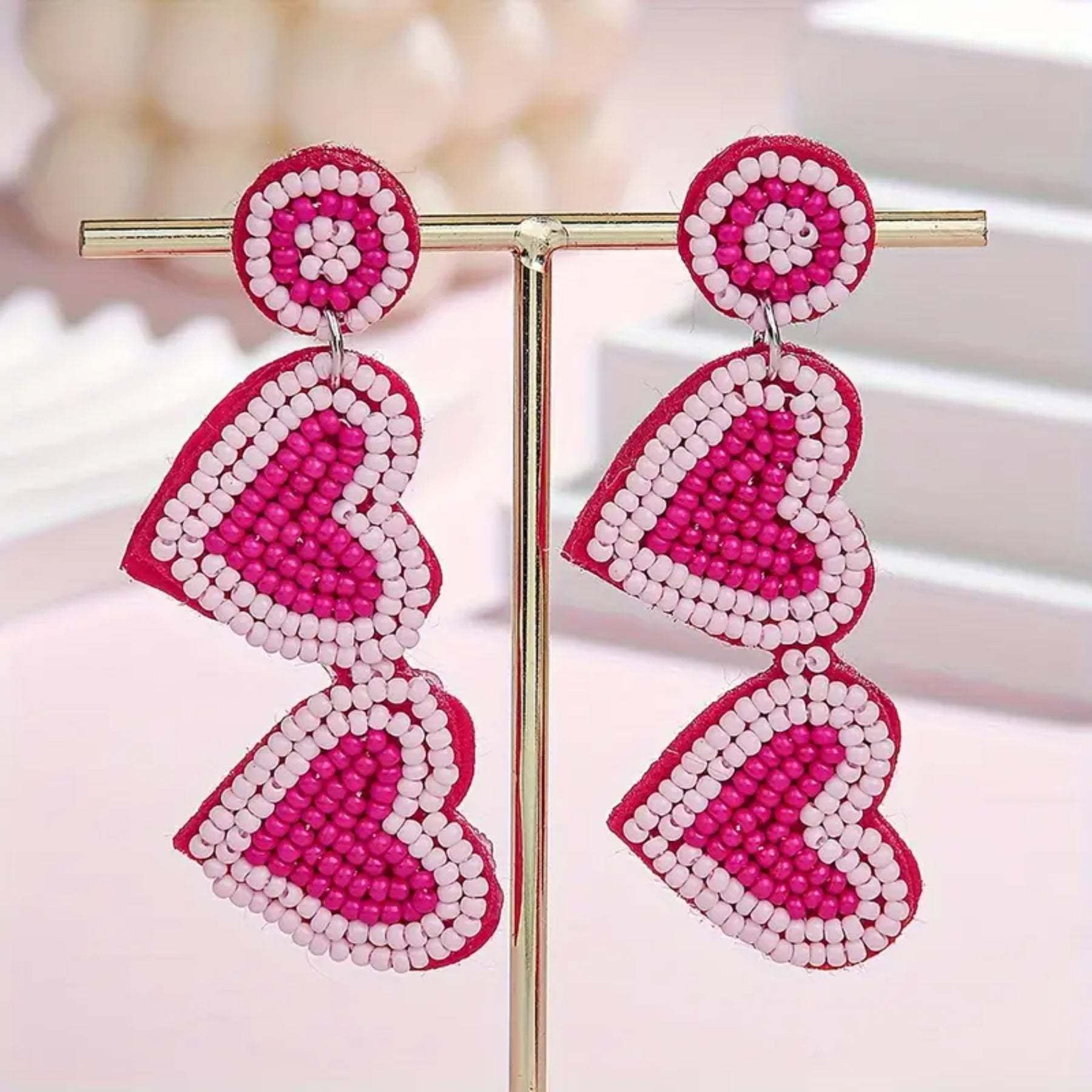 Charming Boho Beaded Heart Drop Earrings- Pink and White Double Heart Design