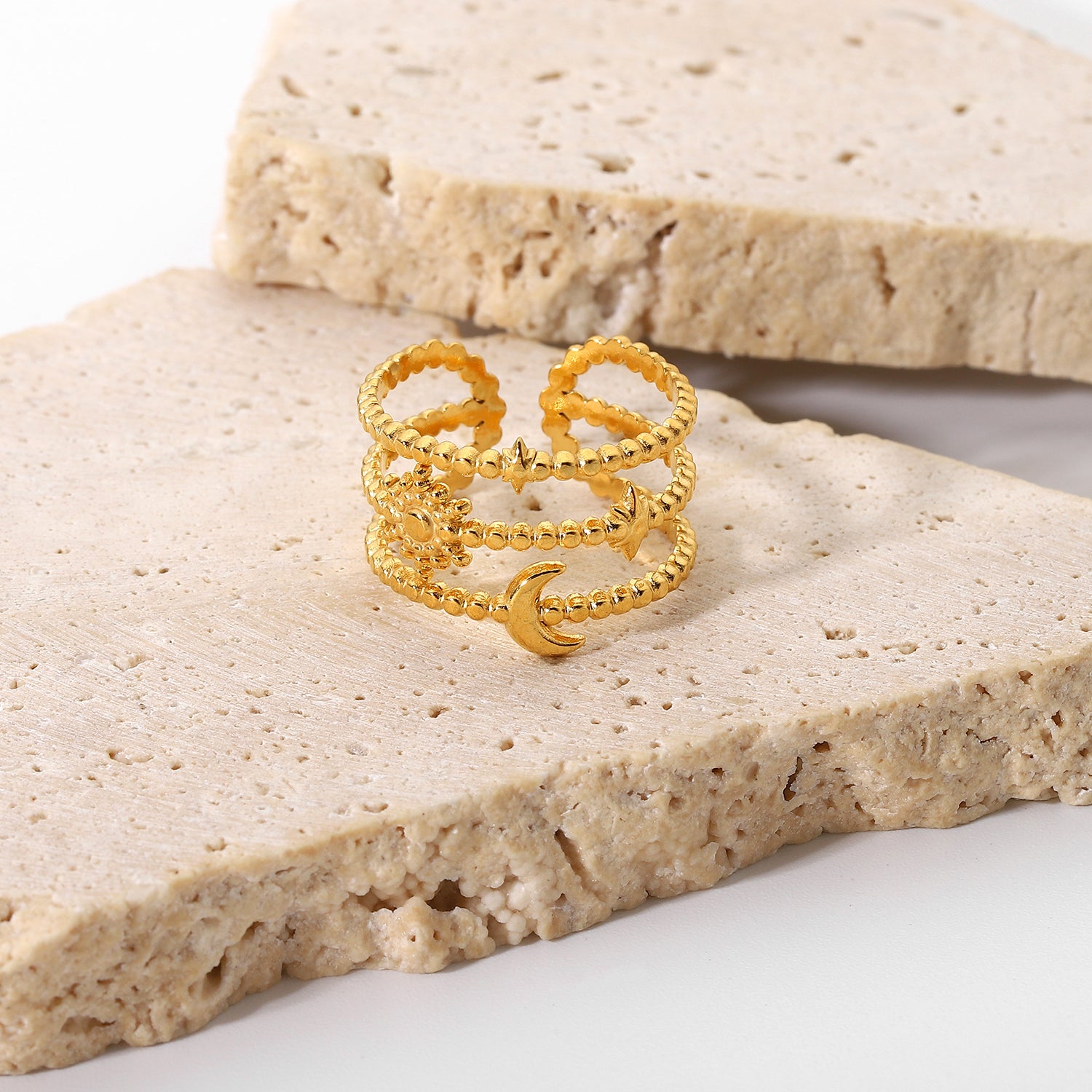 18K Gold Plated Celestial Triple-Layered Beaded Ring - Sun, Moon & Star