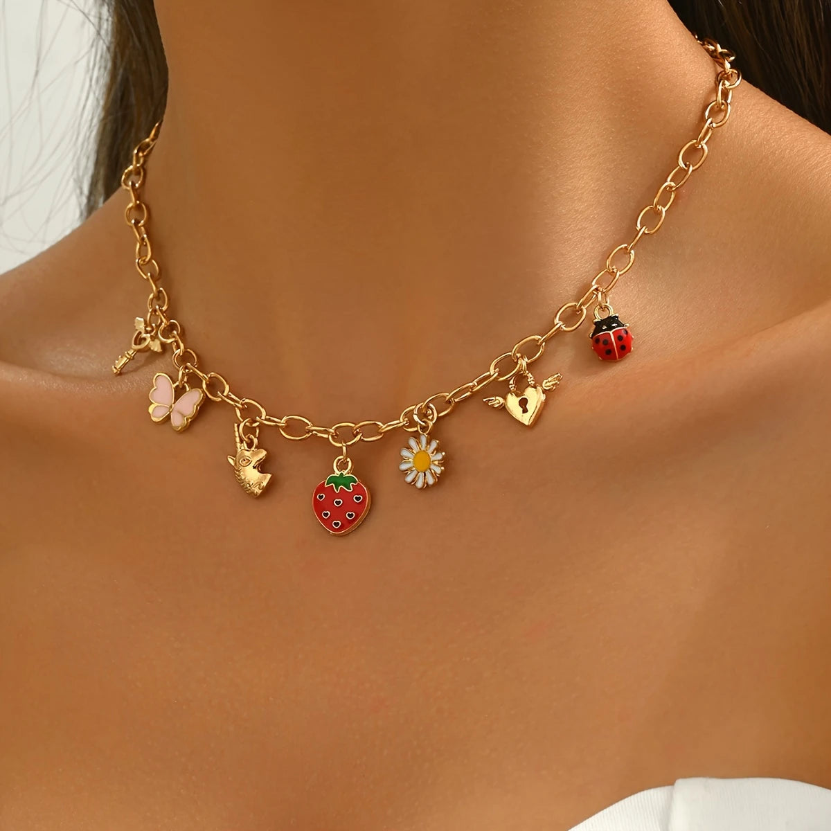 18K Golden Plated Charming Necklace with Strawberry, Butterfly, Unicorn, Heart Pendant Charms