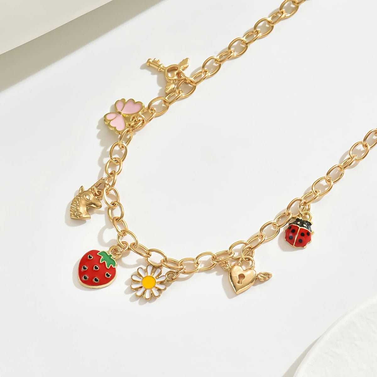 18K Golden Plated Charming Necklace with Strawberry, Butterfly, Unicorn, Heart Pendant Charms