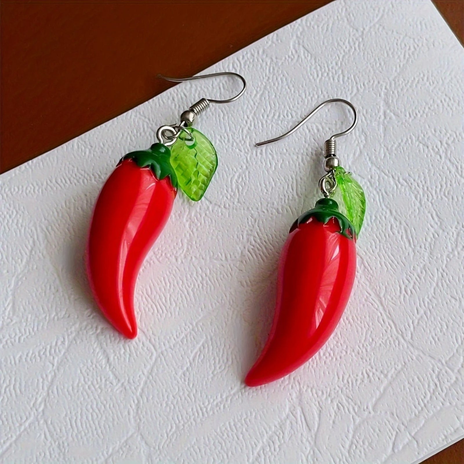 Chic Red Chili & Green Leaf Dangle Earrings-Resin