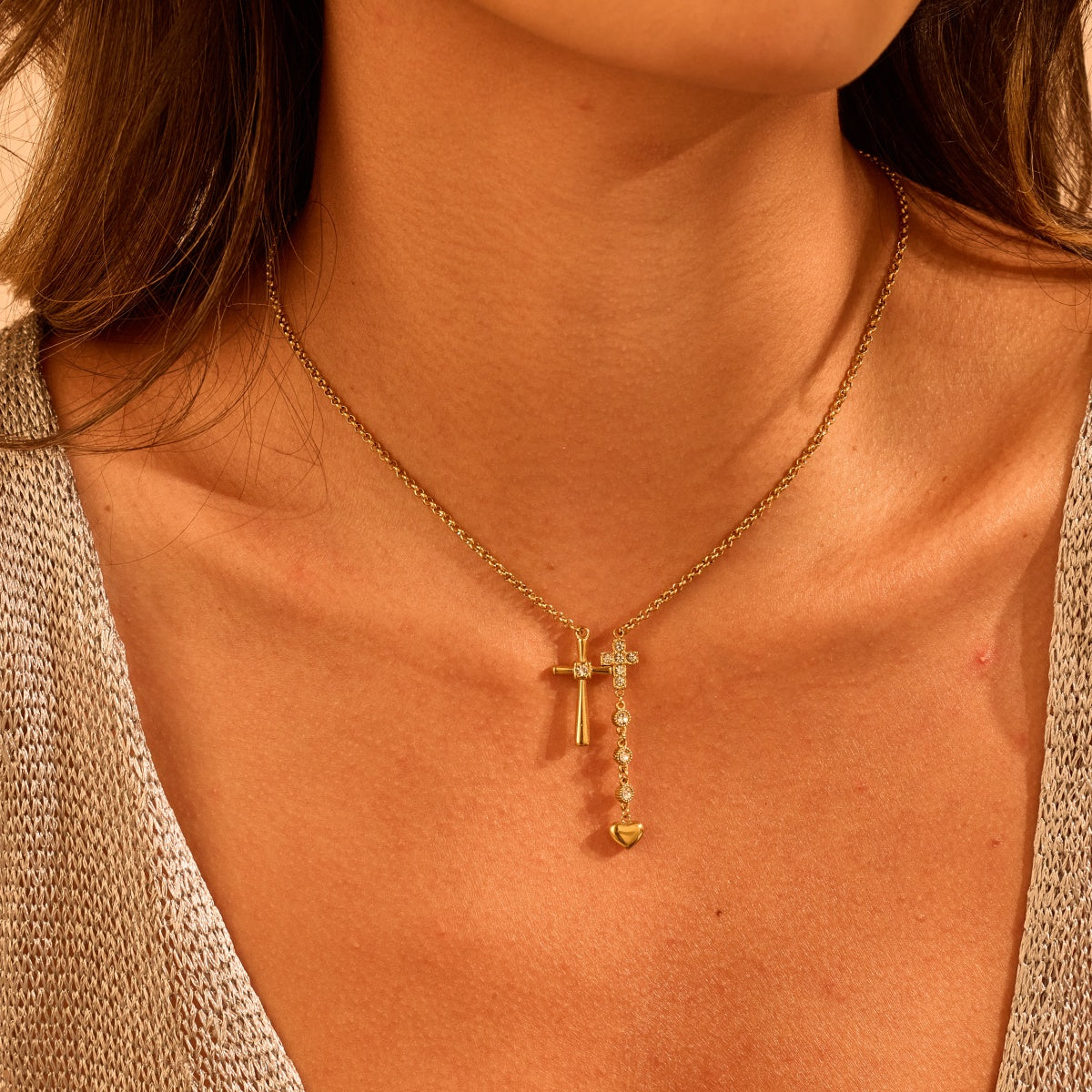 18K Gold Plated Zircon Cross Pendant Necklace for Women