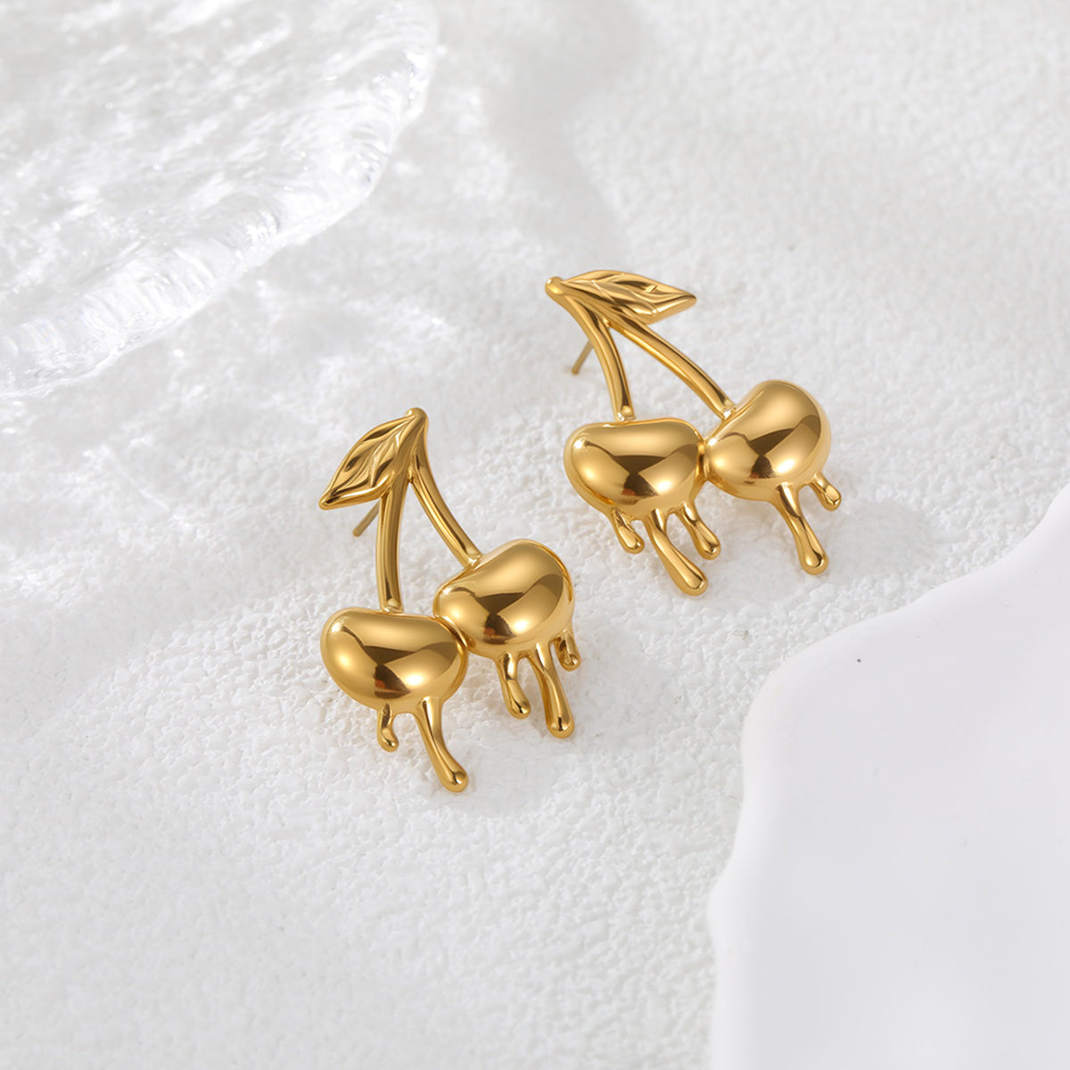 Funky 18K PVD Gold Plated Drip Cherry Stud Earrings