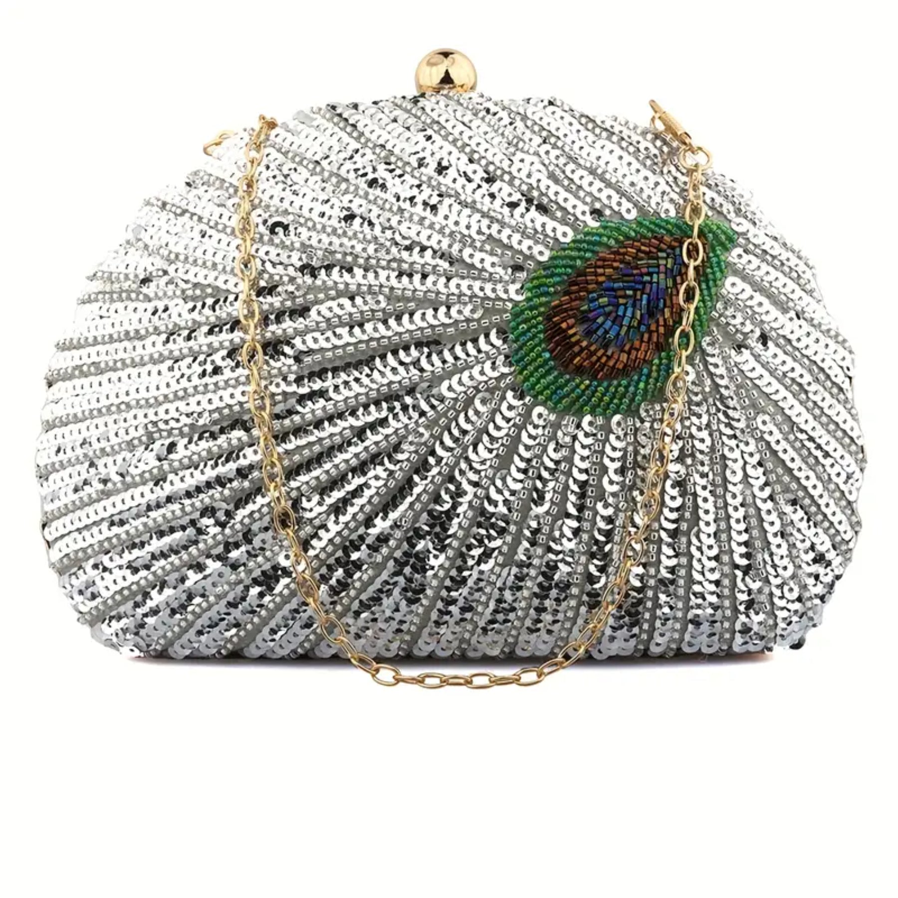 Elegant Peacock Feather Sequin Evening Clutch with Removable Strap