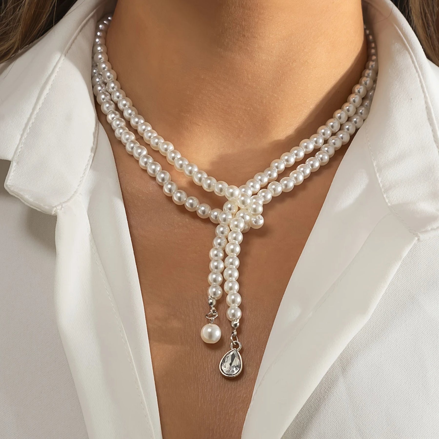 Vintage Boho-Chic Faux Pearl Tassel Necklace with Water Drop Gemstone