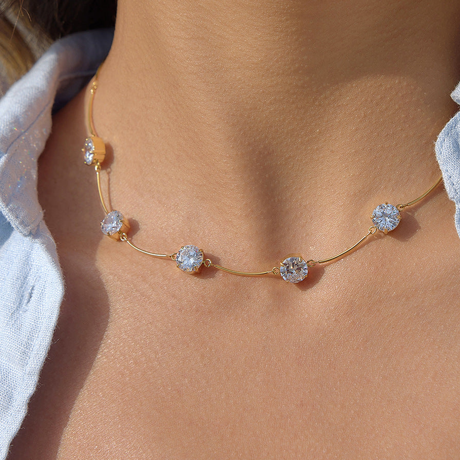 18K Gold Plated Lyra Floating Solitaire Round Zirconia Bar Chain Choker Necklace