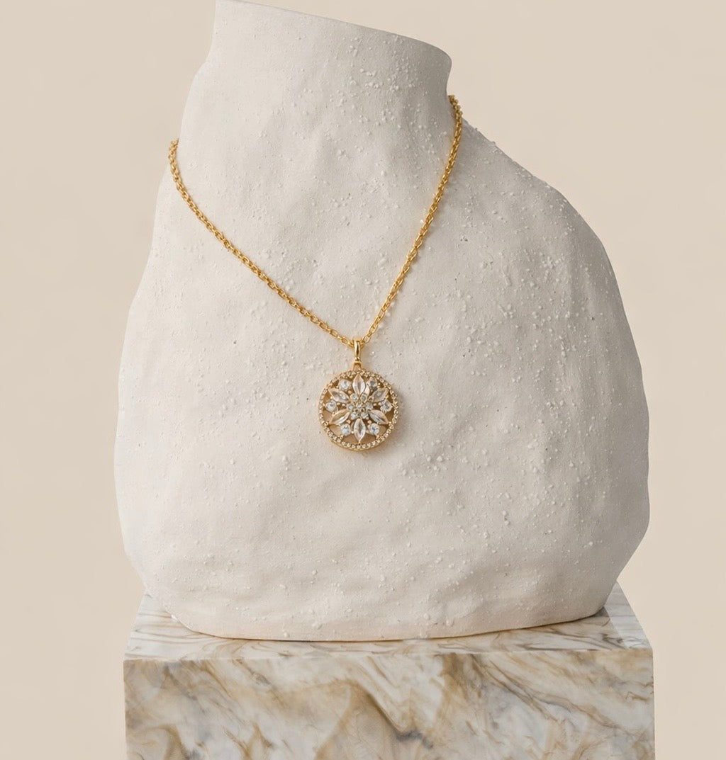 18k Gold Plated Floral Medallion Necklace - Marquise Crystal Pendant