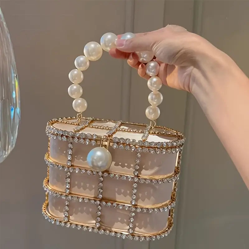 Elegant French Metal Basket Evening Bag With Crystal Faux Pearl