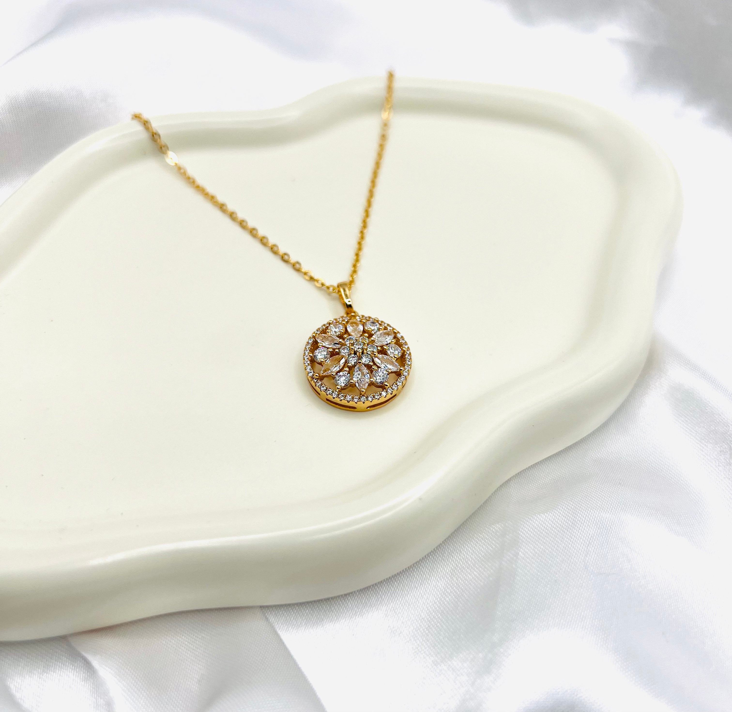 18K Gold Plated Floral Pendant Necklace with CZ Crystals