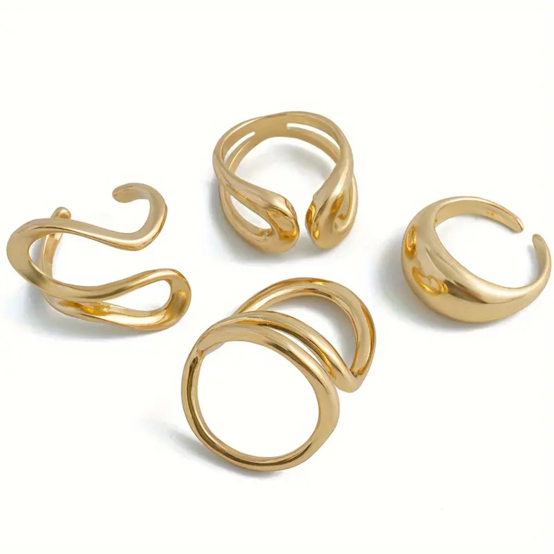 Adjustable Gold-Plated Wave Design Rings Set- 4 Pieces