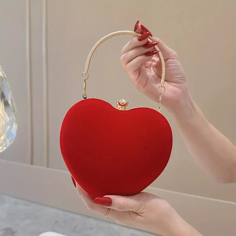 Heart-Shaped Corduroy Mini Evening Clutch with Golden Chain Strap