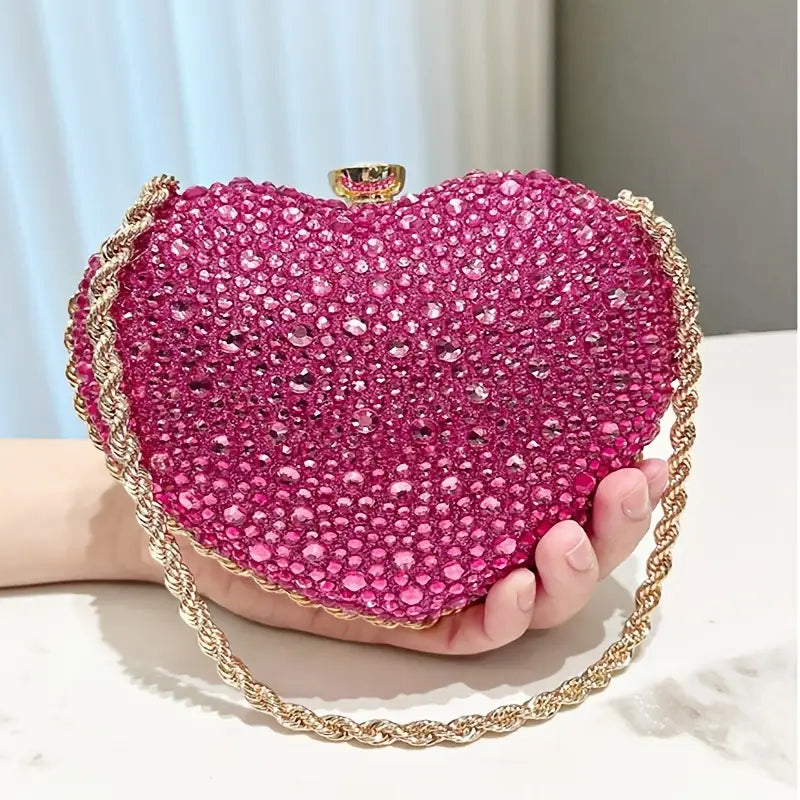 Elegant Pink Heart-Shaped Rhinestone Evening Clutch
