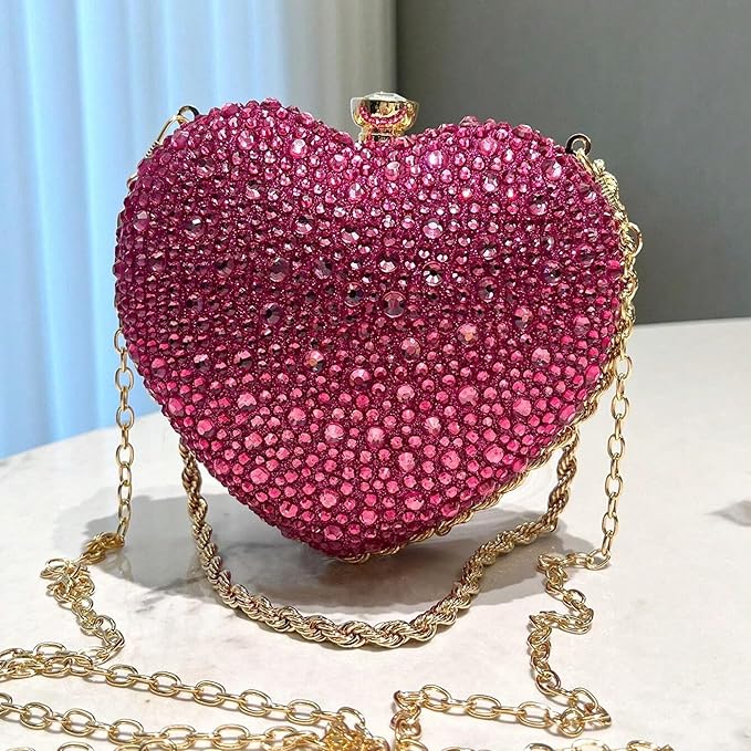 Elegant Pink Heart-Shaped Rhinestone Evening Clutch