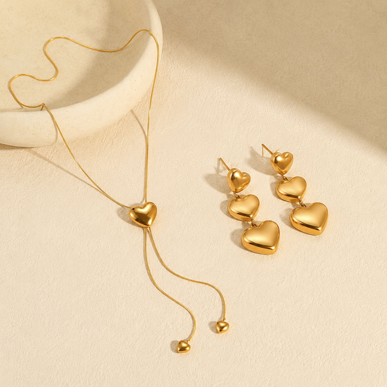 18K Gold Plated Heart Pendant Necklace with Heart Drop Earrings