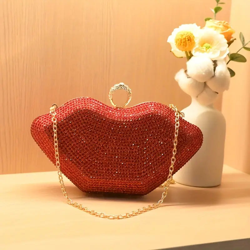 Vintage-Inspired Red Rhinestone Lip-Shaped Clutch with Metal Chain Strap