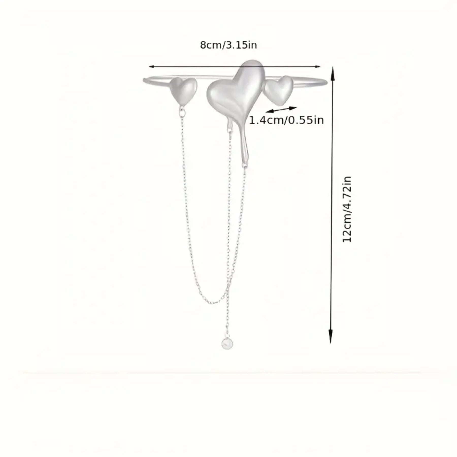 Sterling Silver Heart Arm Cuff Bracelet with Dangling Chains, Adjustable 1pc