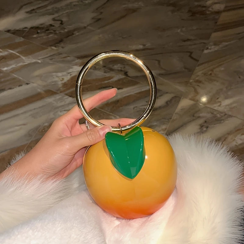 Chic French-Inspired Acrylic Mini Peach Clutch with Metallic Golden Ring Handle