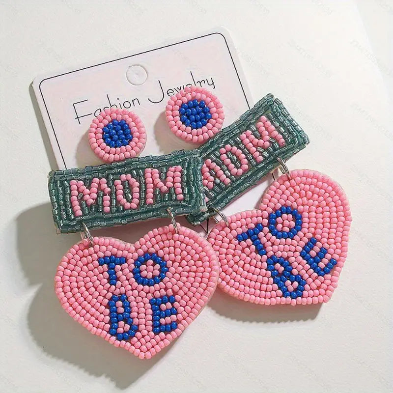 1 Pair Handmade Glass Bead Earrings for "Mom to Be" Heart Design